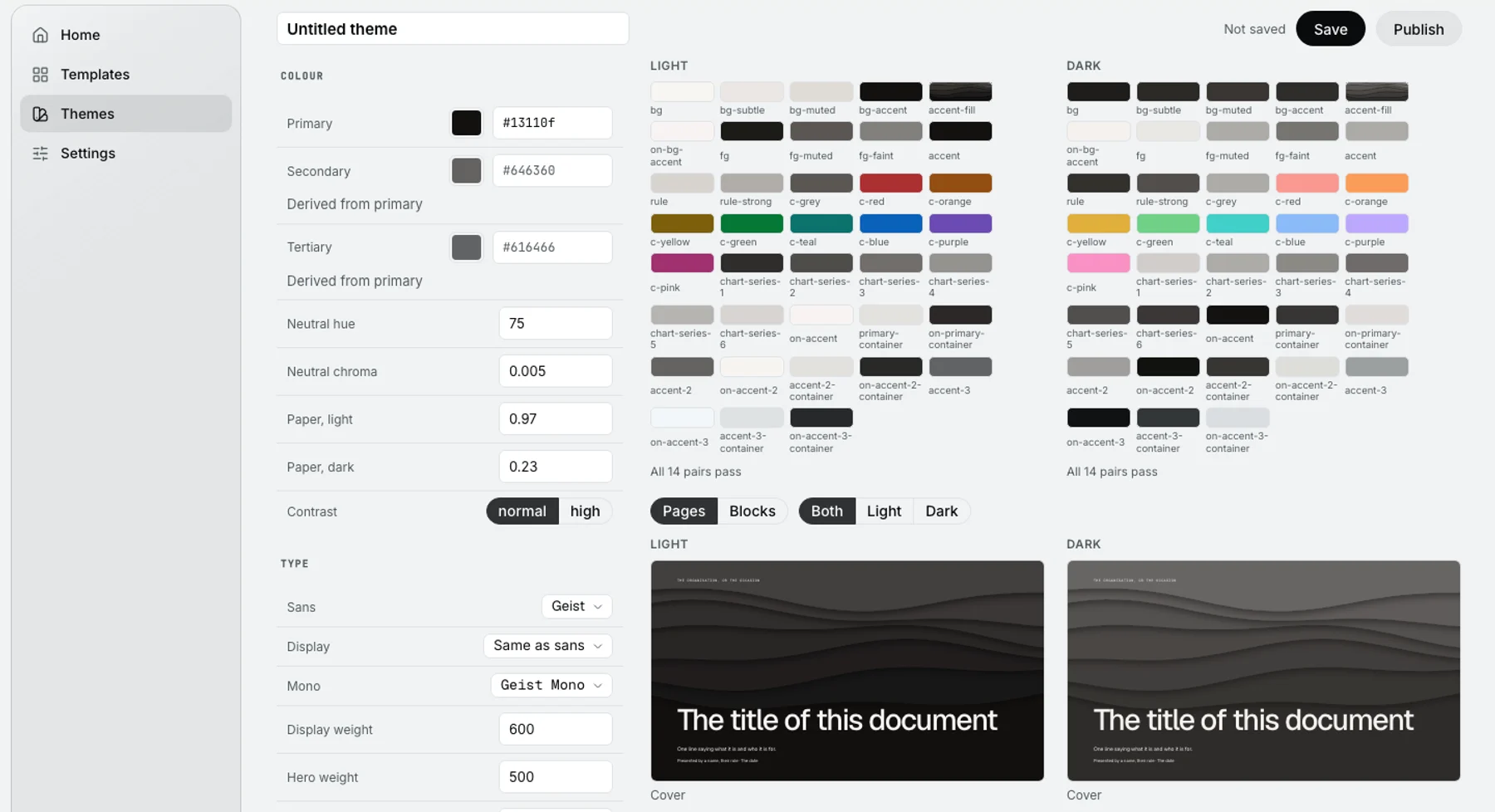 The theme builder: colour and type fields on the left, the palette it derives in light and dark, and the deck's cover page drawn in both.